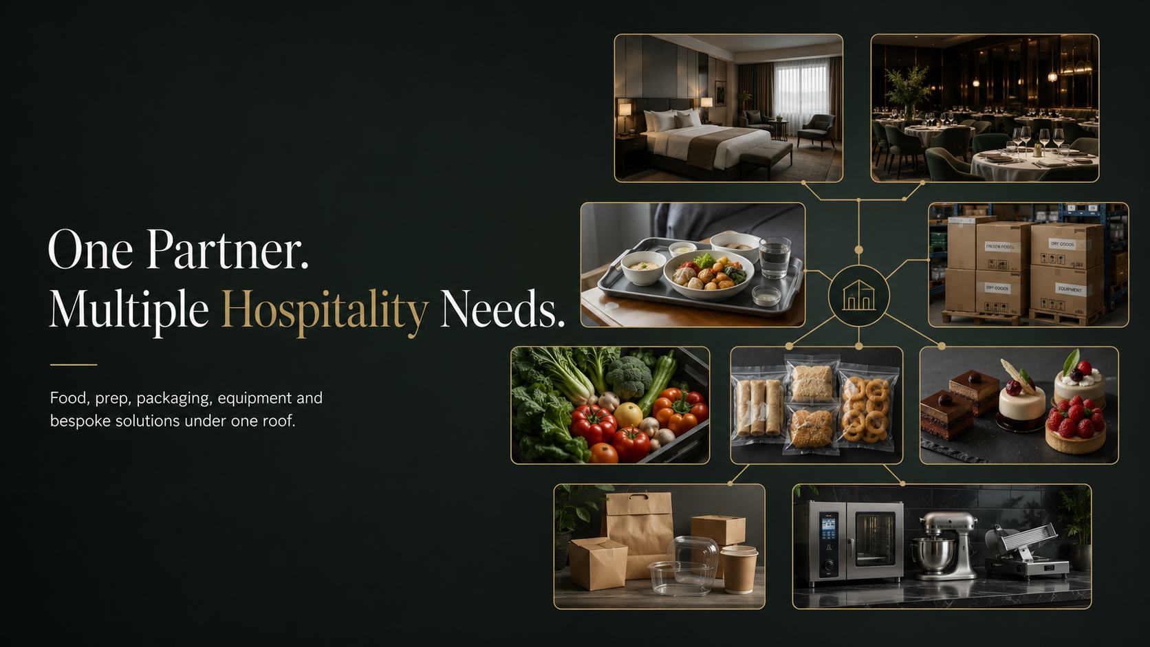 One Partner. Multiple Hospitality Needs. — food, prep, packaging, equipment and bespoke solutions under one roof.